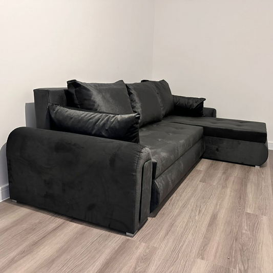 Berlin Stylish and Functional Corner Sofa Bed Black Velvet